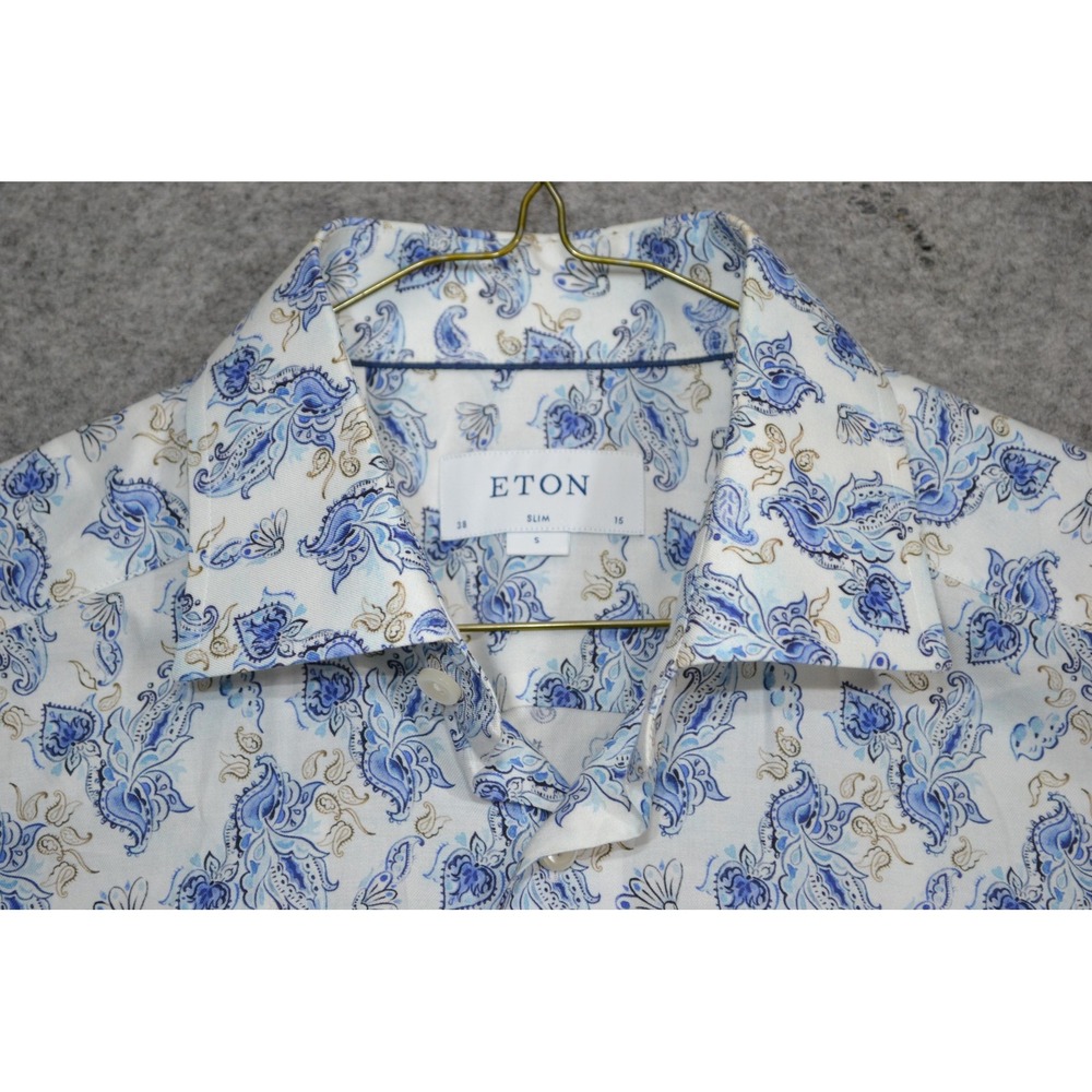 Eton Shirt Mens 15 38 Blue Slim Paisley Lightweight Flannel Dress‎ Long Sleeve